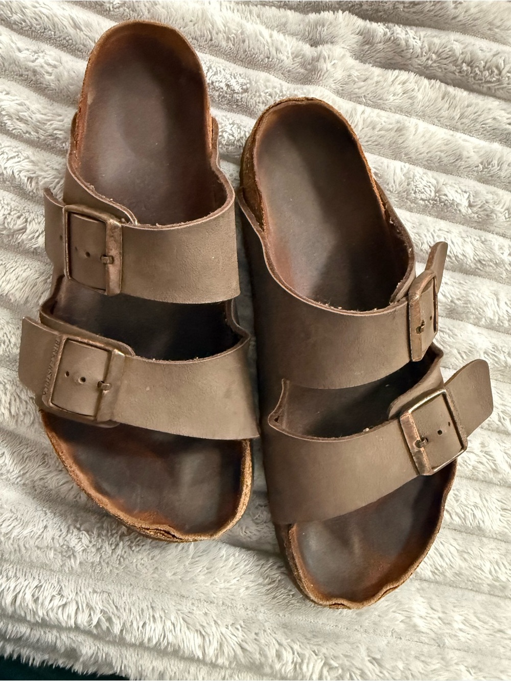 Birkenstock Brown Leather Two-Strap Slide Sandals